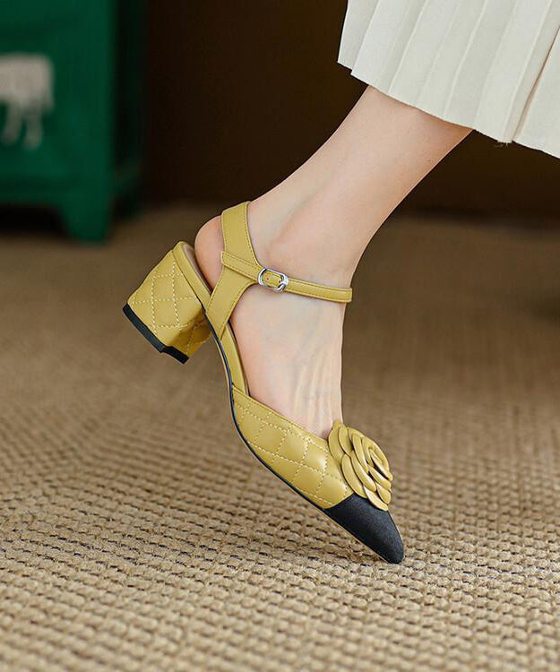 Yellow Pointed Toe Floral Chunky Heel Faux Leather Sandals