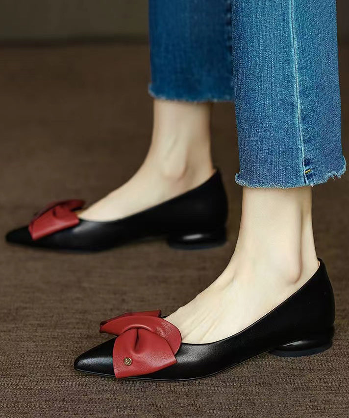 Black Flat Feet Shoes Cowhide Leather Pointed Toe Bow