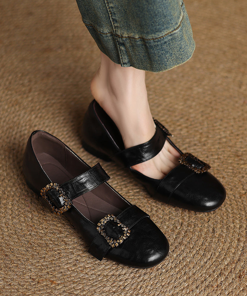 Brown Buckle Strap Splicing French Sheepskin Flat Shoes