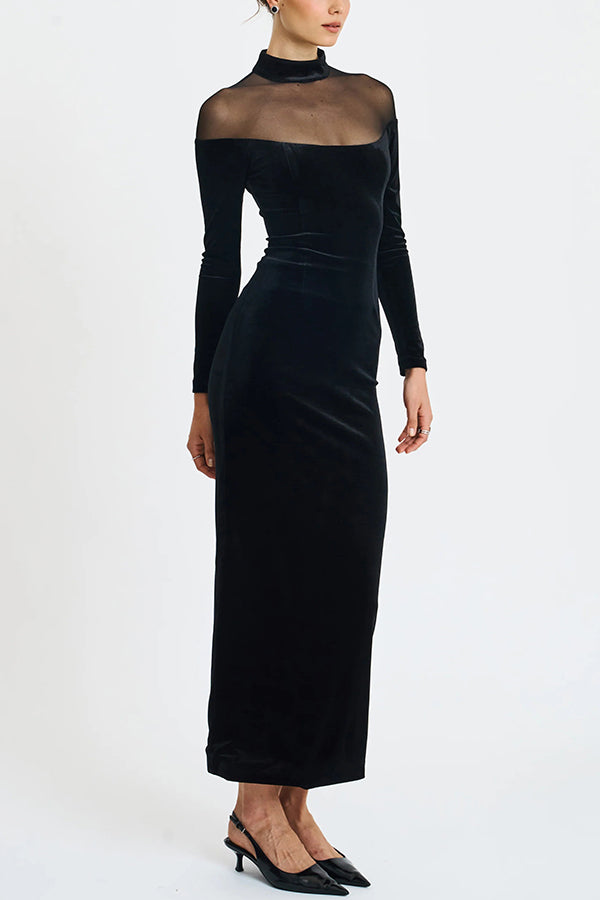 Velvet and Mesh Spliced long-sleeved Slim-fit Maxi Dress