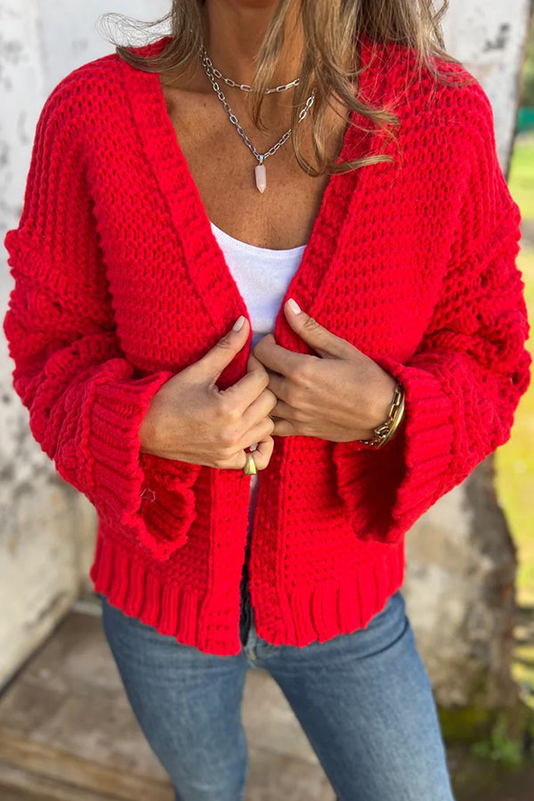 Knit Solid Color V-neck Long-sleeved Cardigan