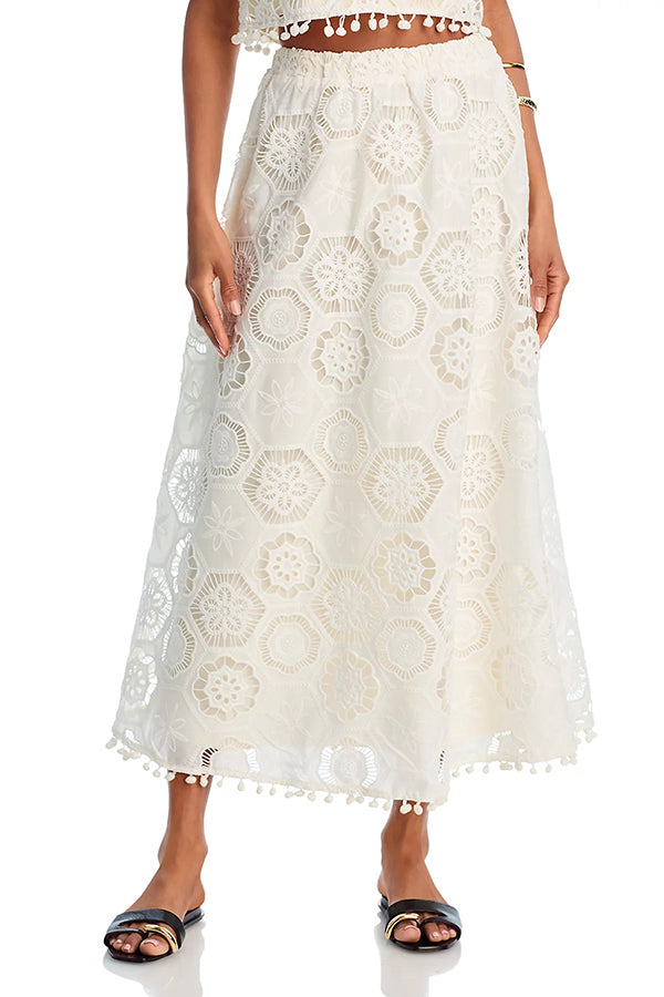 Embroidered Crochet Lace Tassle Trim Elastic Waist Midi Skirt