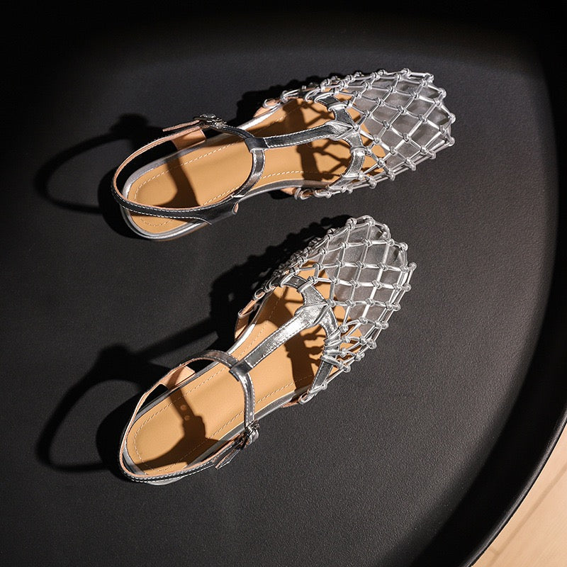 French Hollow Out Buckle Strap Silver Sandals