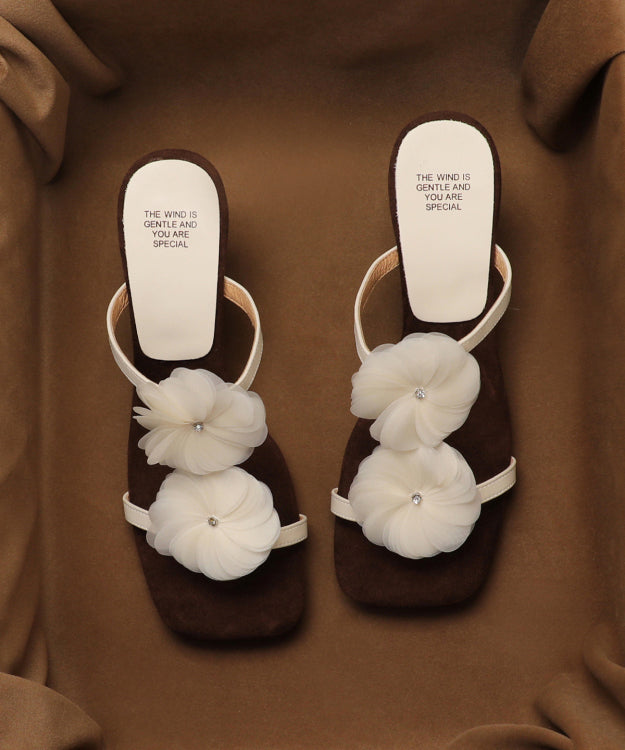 Beige Flower Wedge Heel Open Toe Slippers