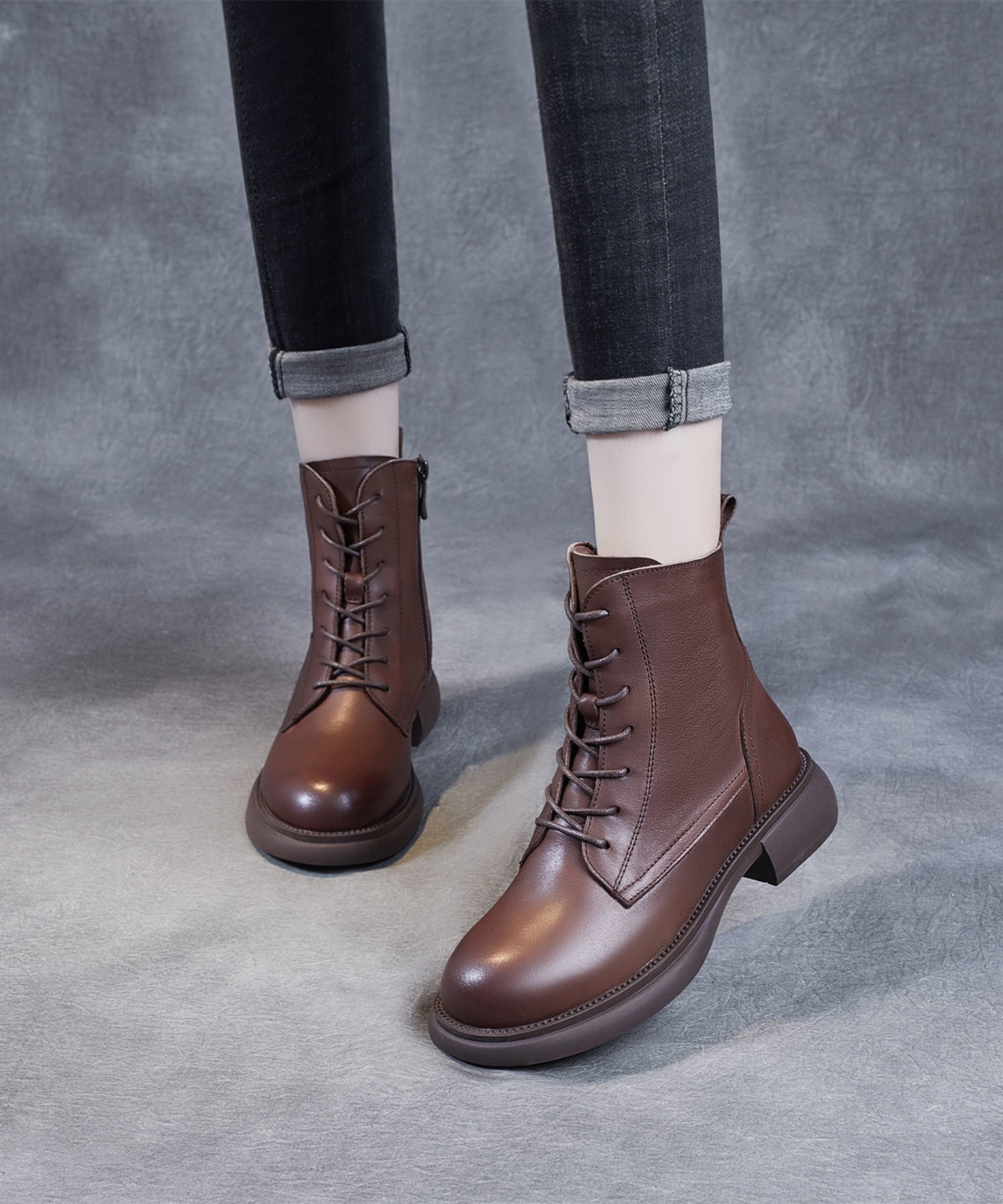 Black Lace Up Warm Fleece Cowhide Leather Ankle Boots