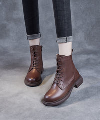 Black Lace Up Warm Fleece Cowhide Leather Ankle Boots