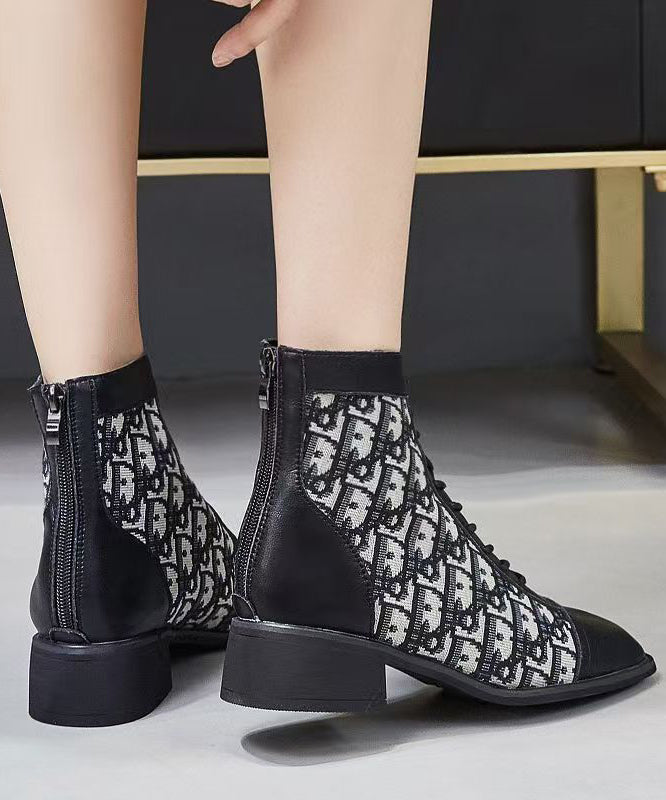 Splicing Chunky Boots Black Faux Leather Lace Up