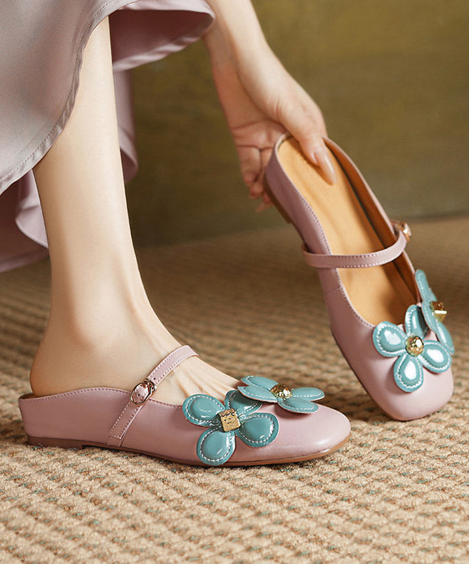 Pink Wedge Sheepskin Chic Floral Splicing Slide Sandals