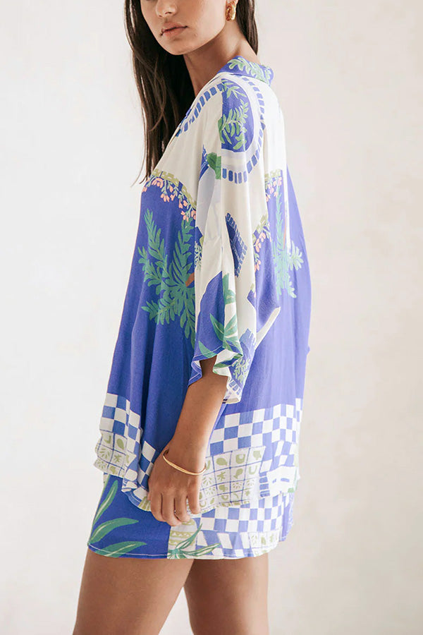 Balmy Nights Unique Print Loose Shirt and Elastic Waist Wrap Lace-up Skirt Set