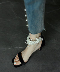 French Sexy Black Buckle Strap High Heel Sandals Nail Bead