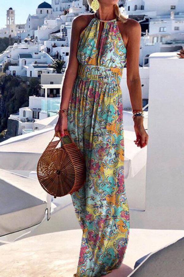 elegant vacation style printed large hanging neck design with a sense of long skirt