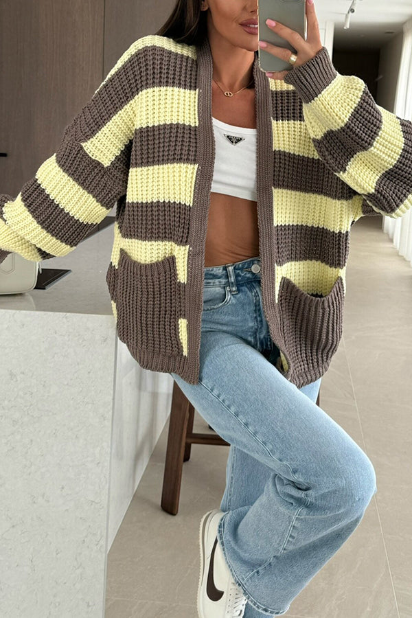 Patchwork Striped Casual Pocket Knitted Sweater