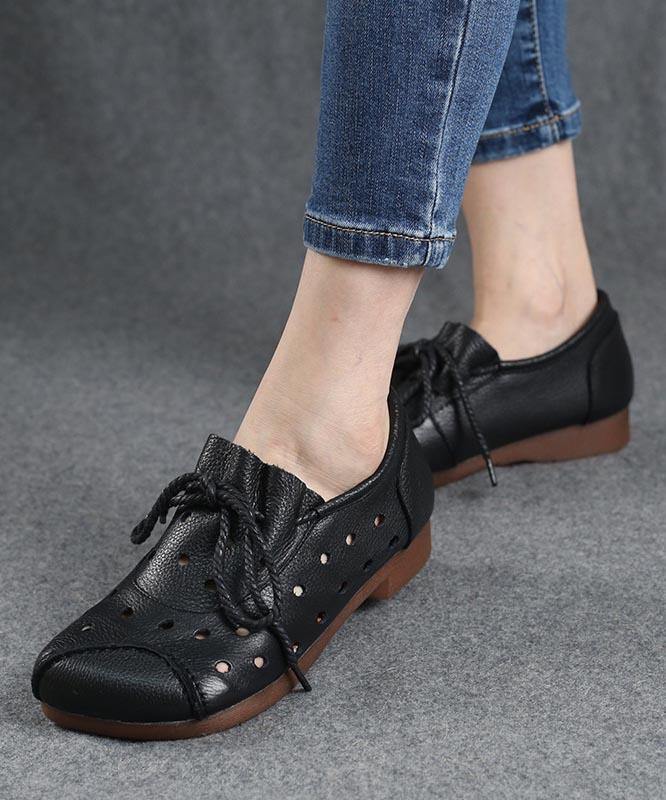 Simple Lace Up Flat Feet Shoes Black Cowhide Leather Hollow Out Penny Loafers