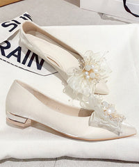 Apricot Bow Nail Bead Splicing Flat Feet Shoes Pointed Toe