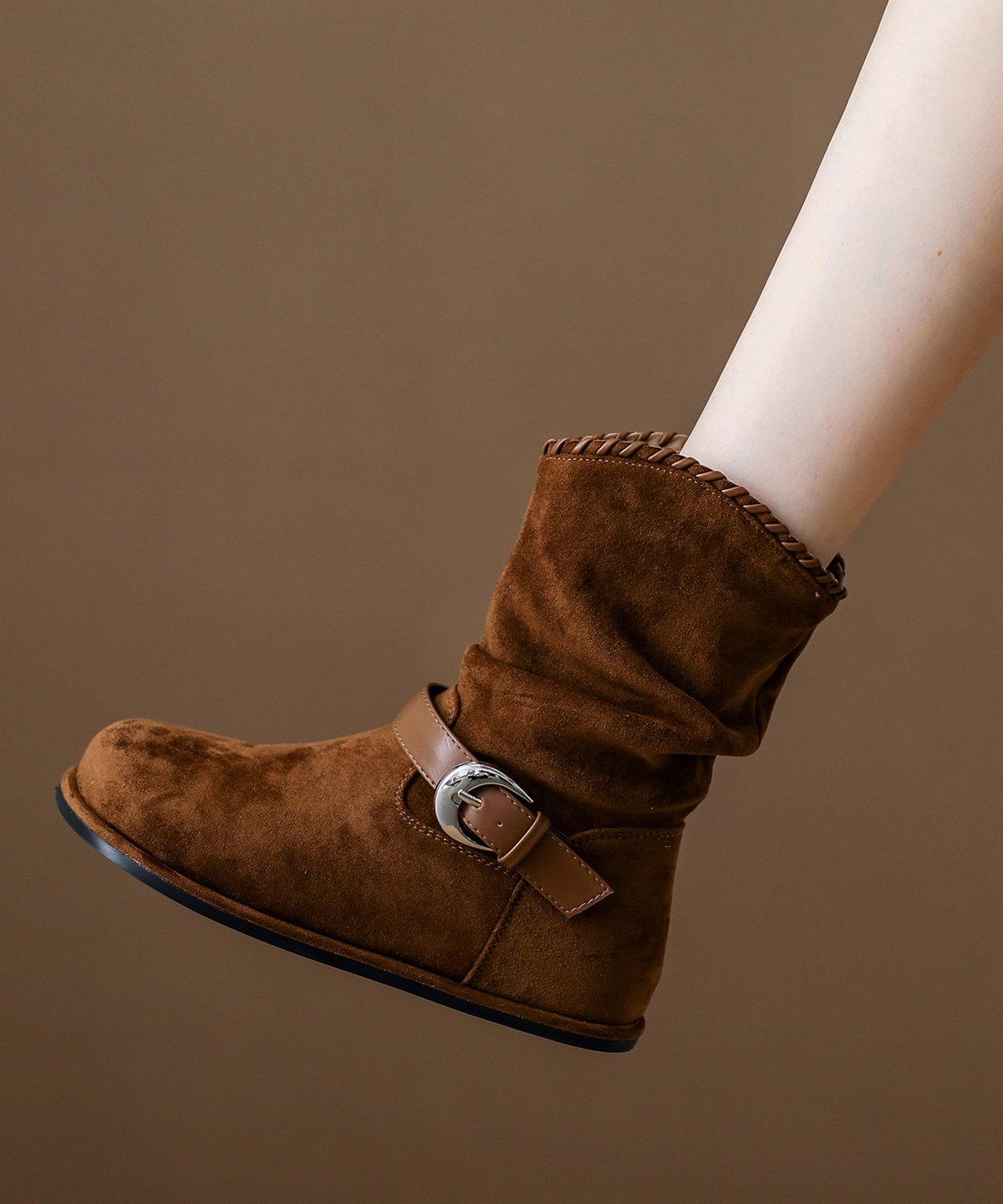 Brown Suede Wrinkled Splicing Boots