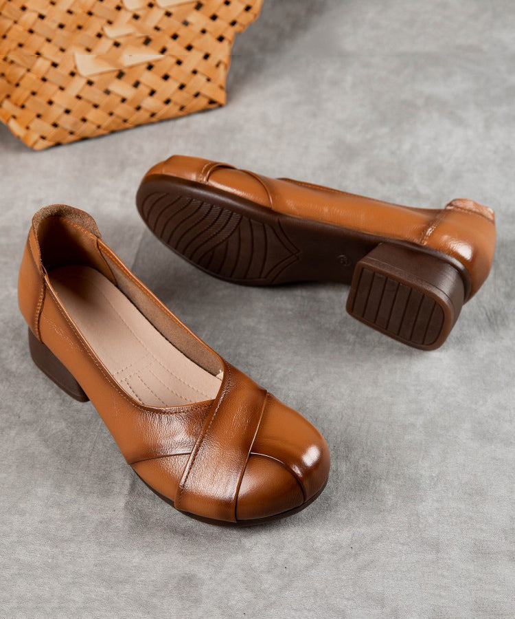 Brown Cowhide Leather Splicing Flat Shoes