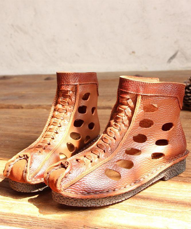 Casual Hollow Out Boots Brown Cowhide Leather