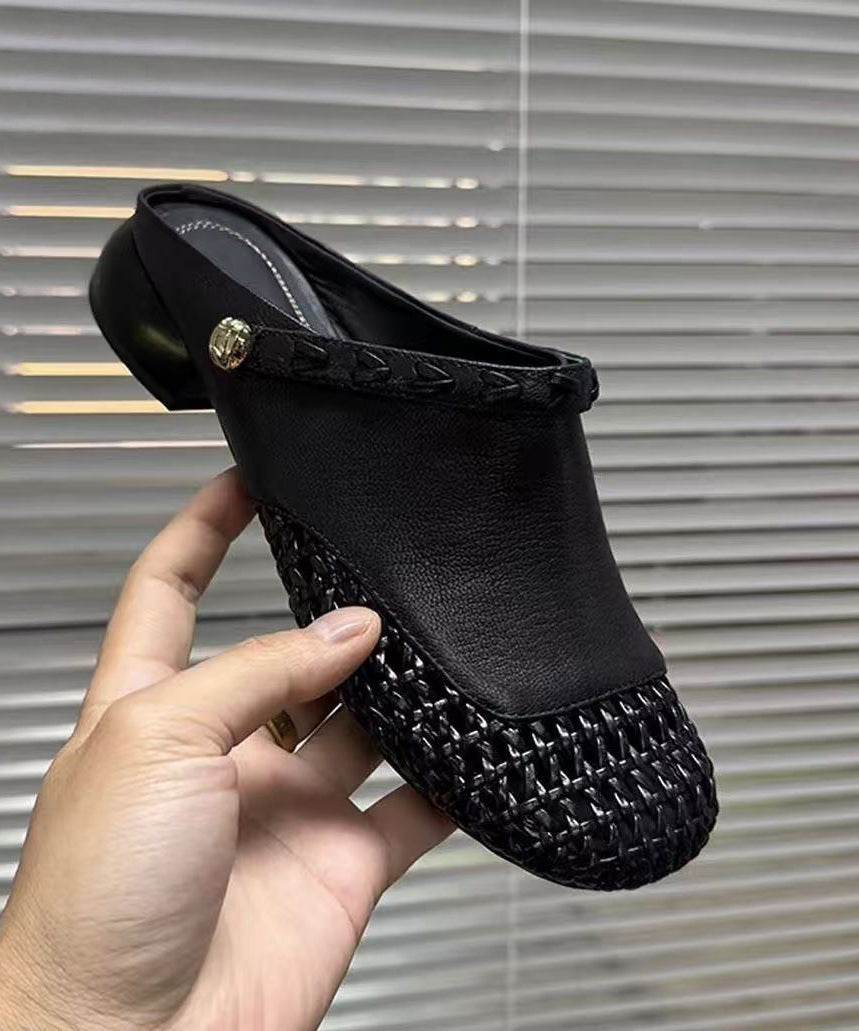 Summer New Black Hollow Out Woven Faux Leather Slide Sandals