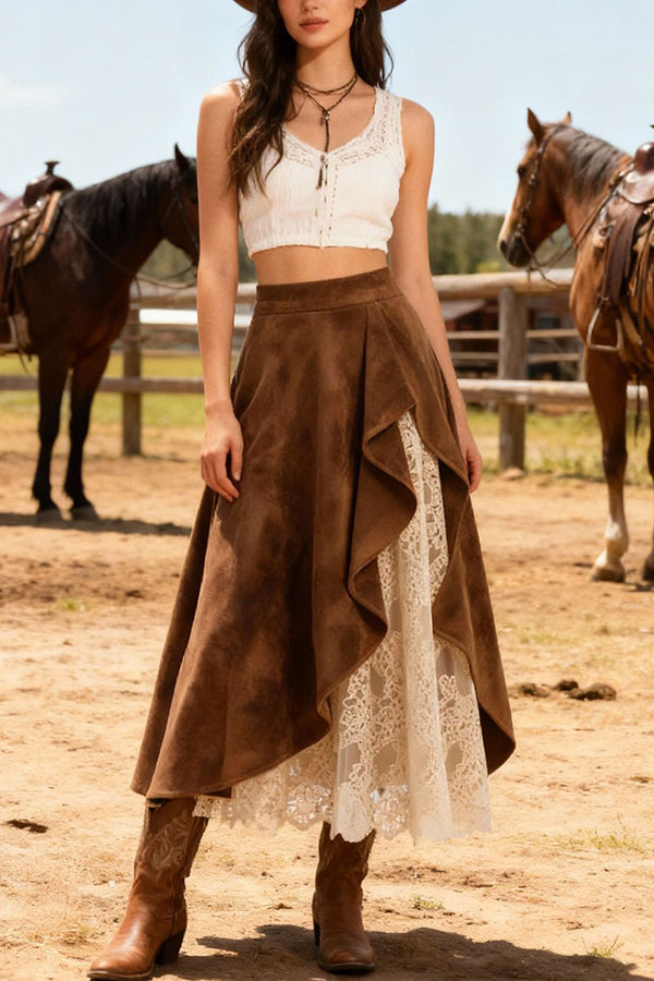 Suede and Lace Patchwork Elegant Asymmetrical Midi Skirt