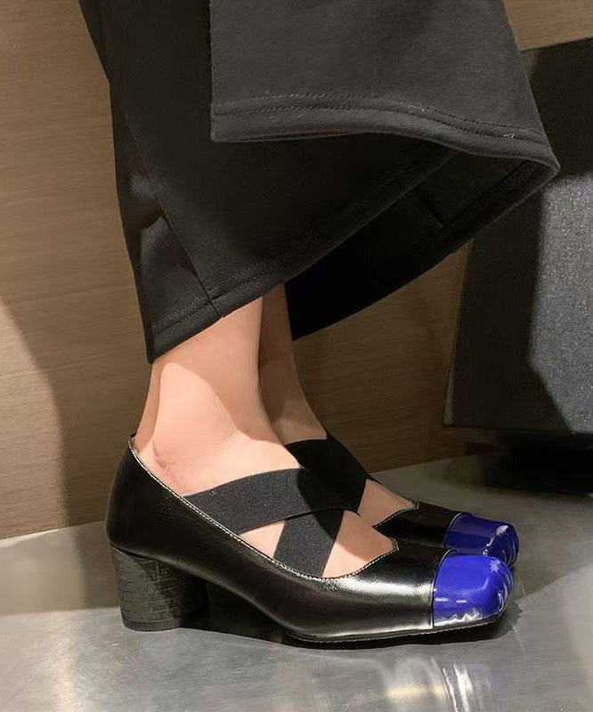 Handmade Square Toe Black Chunky Heel Cross Strap Shoes