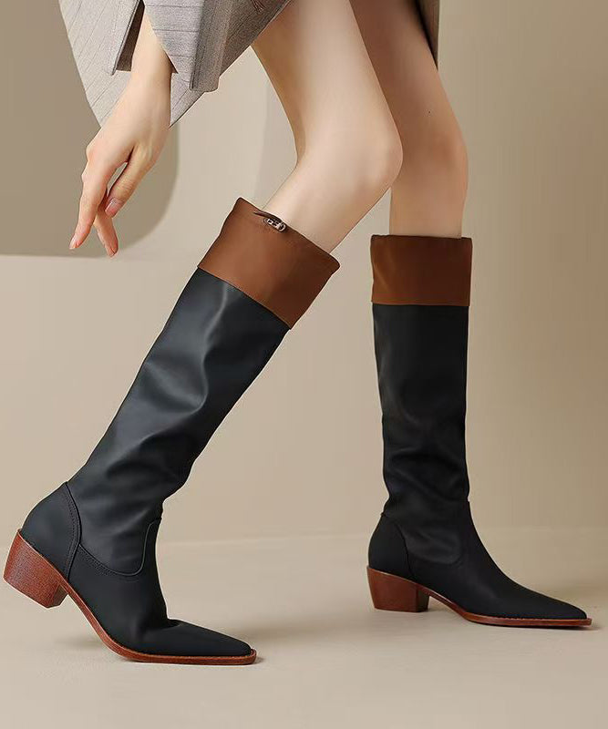 Handmade Splicing Chunky Boots Apricot Cowhide Leather Pointed Toe