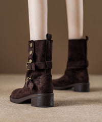 Boutique Buckle Strap Splicing Chunky Boots Khaki Suede