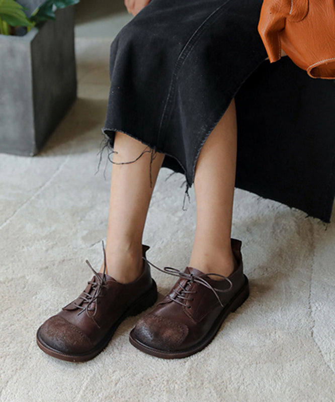 Retro Splicing Flat Shoes For Lace Up Chocolate Cowhide Leather Flat Shoes