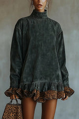 Leopard Print Patchwork Loose Turtleneck Long-sleeved Casual Mini Dress