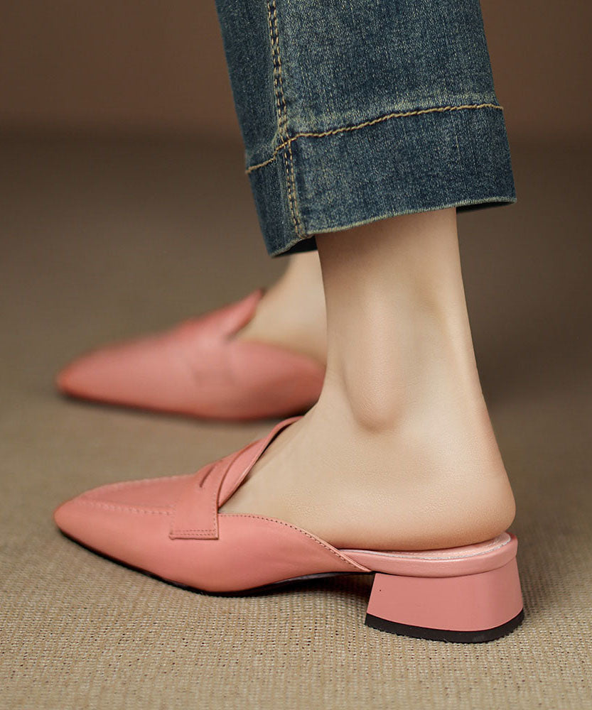 Beige Chunky Cowhide Leather Elegant Splicing Slide Sandals