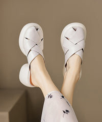 French Splicing Platform White Cowhide Leather Slide Sandals