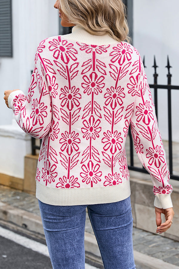 Floral Knitted Turtleneck Loose Sweater