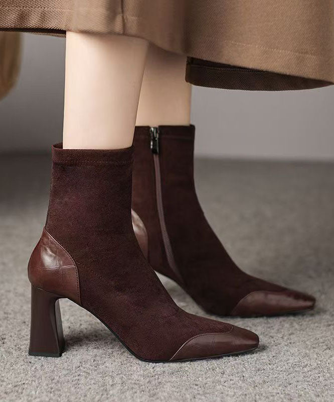 Elegant Brown Splicing Suede Chunky Heel Boots