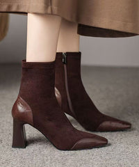 Elegant Brown Splicing Suede Chunky Heel Boots