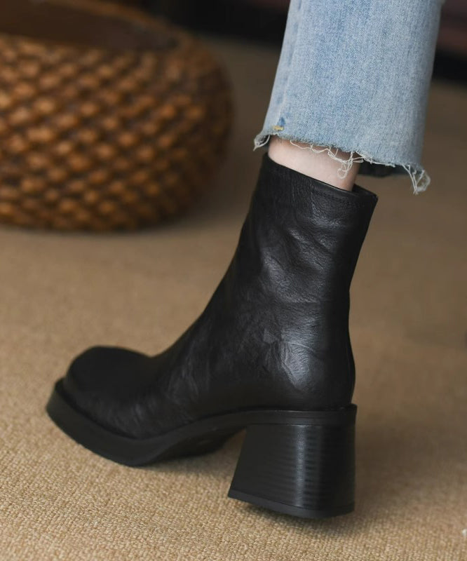 Zippered Splicing Chunky Heel Boots Black Faux Leather
