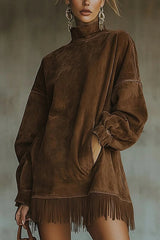 Suede High-neck Long-sleeved Loose-fitting Pockets Tassel Mini Dress