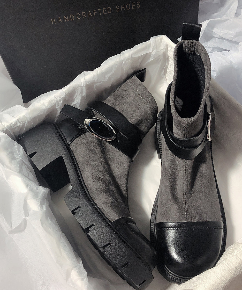 Grey Cowhide Leather Splicing Chic Suede Boots
