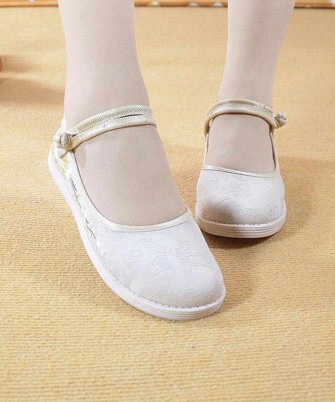 Beige Embroideried Cotton Fabric Flat Shoes Buckle Strap Flat Shoes