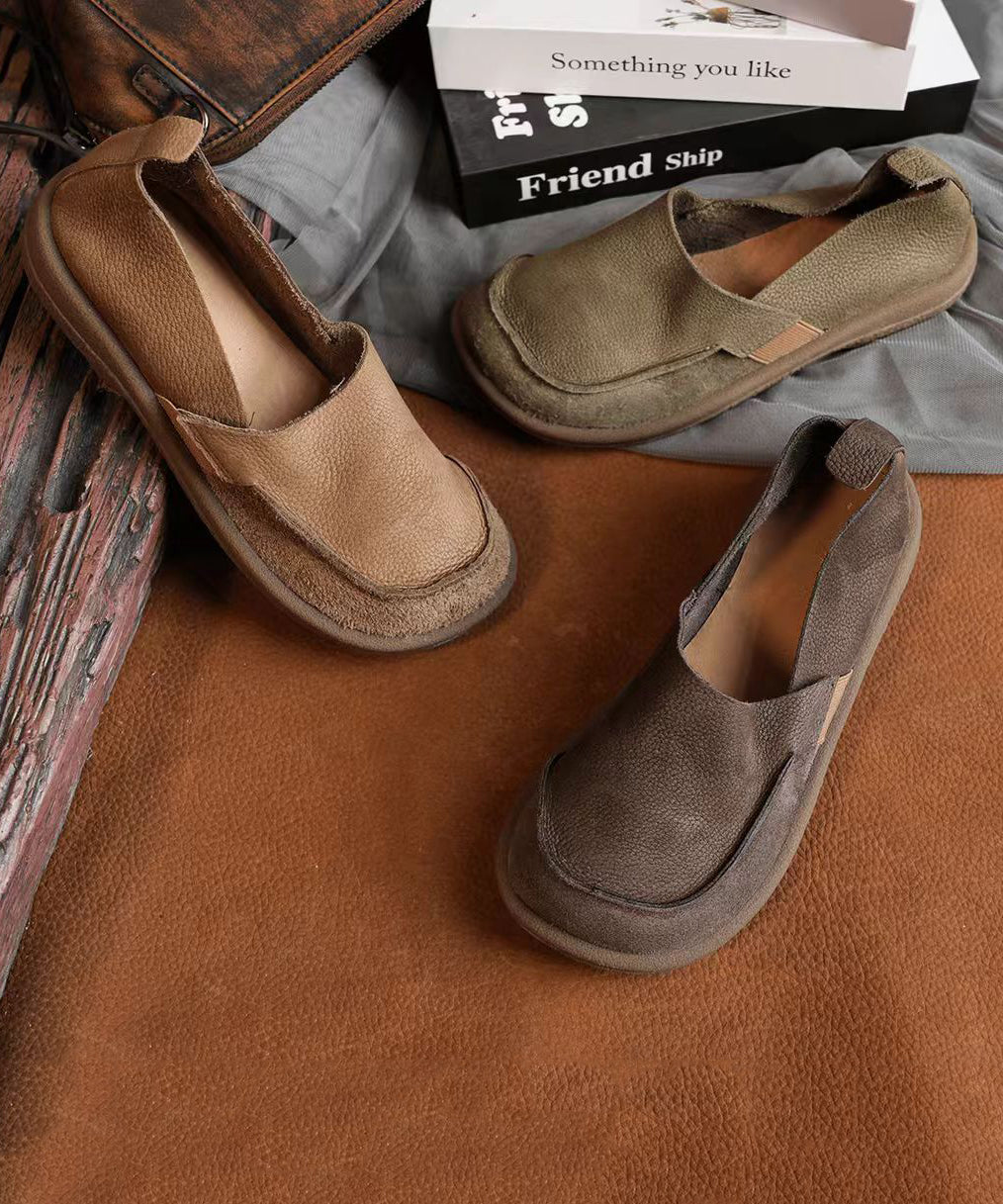 Handmade Khaki Cowhide Leather Splicing Flat Feet Shoes