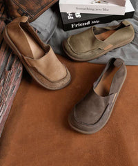 Handmade Khaki Cowhide Leather Splicing Flat Feet Shoes