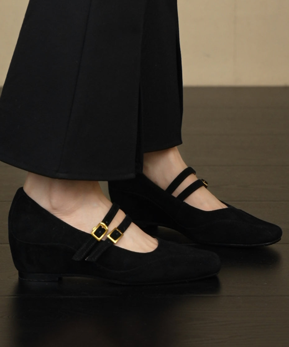 Brown Wedge Heels Shoes Suede New Splicing Buckle Strap