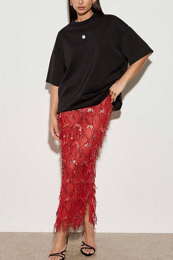 See-through Sequined Tassel Midi Skirt