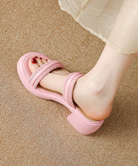 Beige Cowhide Leather Splicing Slide Sandals Peep Toe