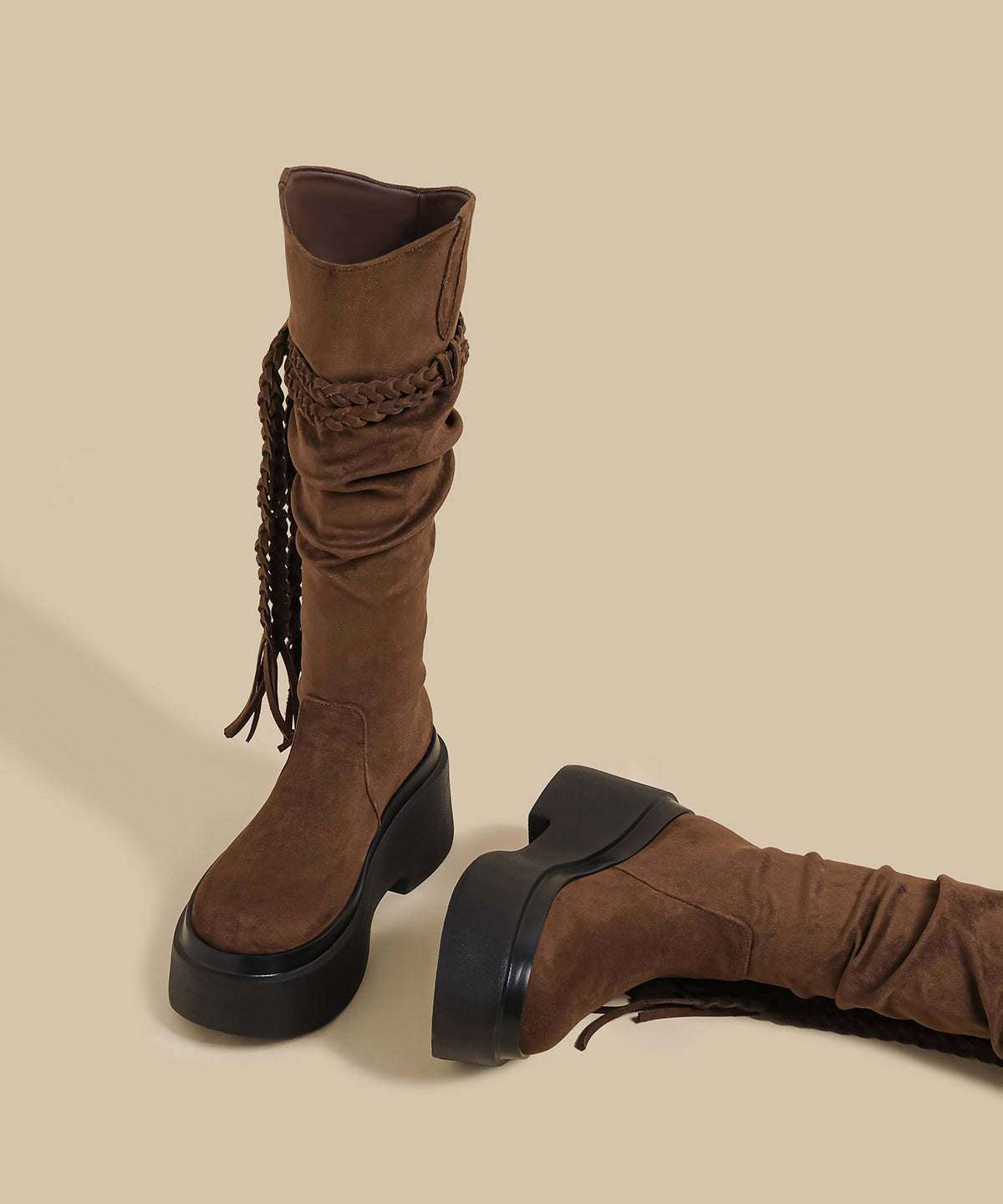 Brown Wrinkled Tassel Splicing Platform Boots