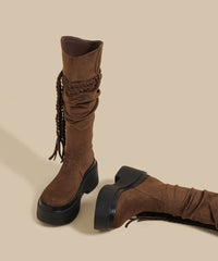 New Brown Wrinkled Tassel Splicing Platform Boots