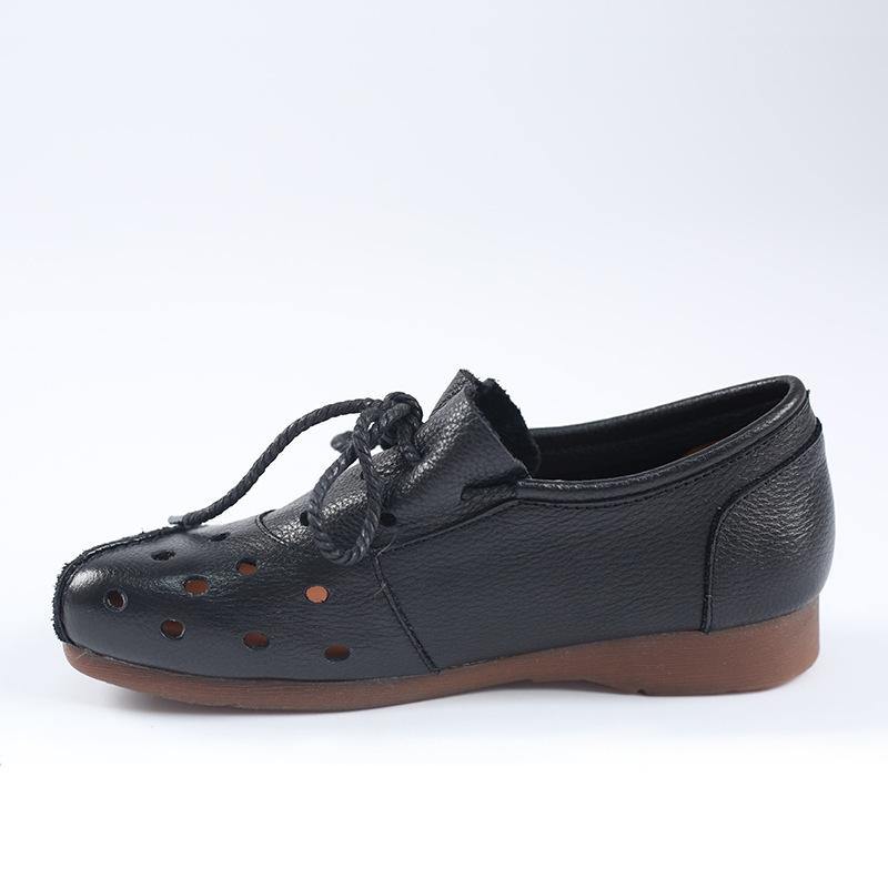 Simple Lace Up Flat Feet Shoes Black Cowhide Leather Hollow Out Penny Loafers