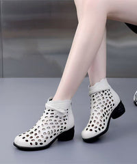 Splicing Chunky Boots White Faux Leather Hollow Out