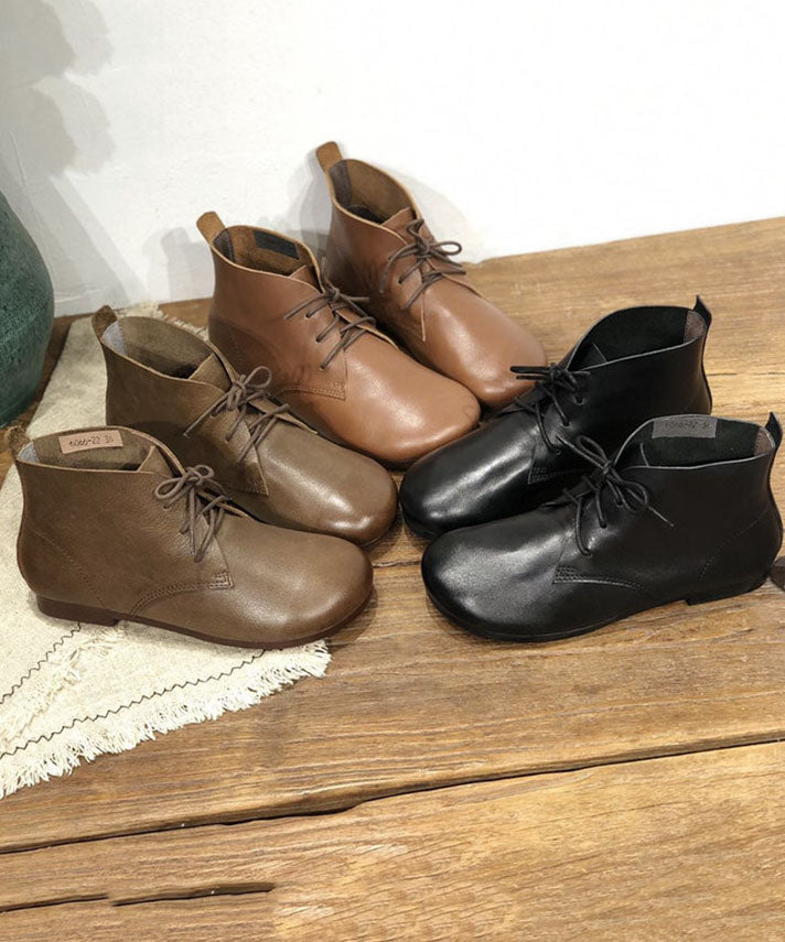 Lace Up Flat Feet Shoes Comfy Black Cowhide Leather