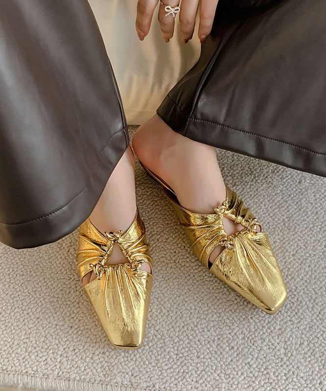 Hollow Out Chunky Beige Cowhide Leather Slide Sandals