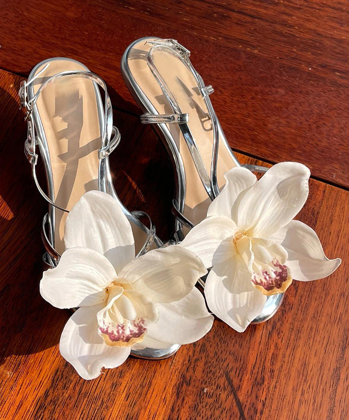 Silver Flower Open Toed Buckle High Heeled Sandals