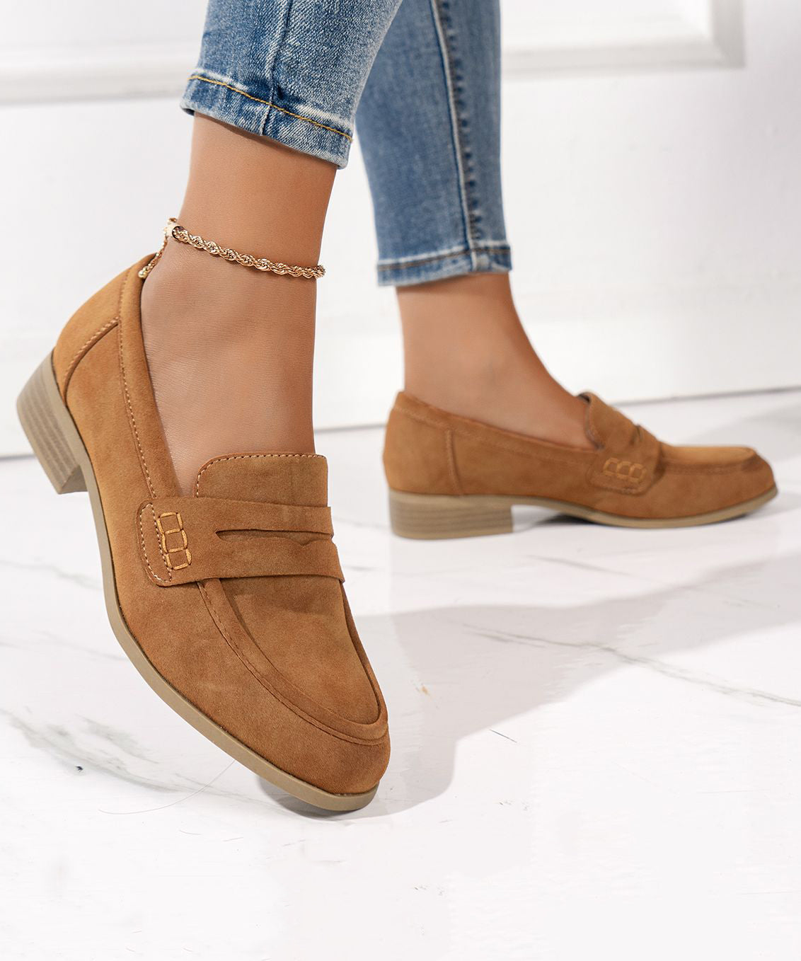 Simple Brown Round Head Solid Suede Low Heel Flats Shoes